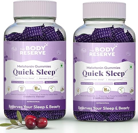 The Body Reserve Quick Sleep Melatonin Gummies for Unisex Natural Sleep Aid for Muscle Recovery Nerve & Relieves Stress Vegan Gluten-Free Pack of 2