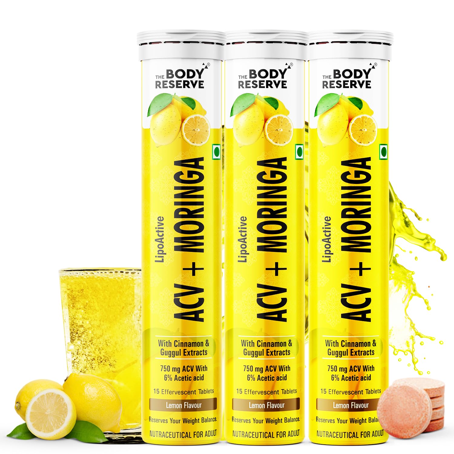 THE BODY RESERVE ACV Moringa effervescent (lemon)To Control Cravings, Apple Cider Vinegar, cinnamon Pack 3  (45 Tablets)