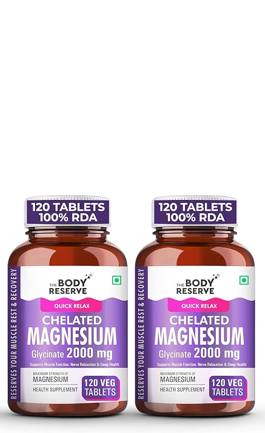 The Body Reserve Magnesium Glycinate Supplement 120 Veg Tablets, 2000mg Per Serving, High Absorption Chelated Form, helpful in Muscle & Nerve Relaxation, Better Sleep Quality for Men & Women