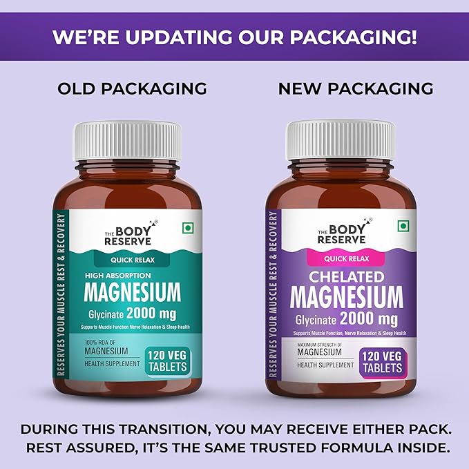 The Body Reserve Magnesium Glycinate Supplement 120 Veg Tablets, 2000mg Per Serving, High Absorption Chelated Form, helpful in Muscle & Nerve Relaxation, Better Sleep Quality for Men & Women