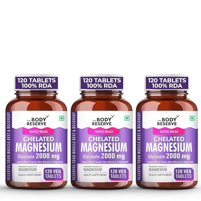 The Body Reserve Magnesium Glycinate Supplement 120 Veg Tablets, 2000mg Per Serving, High Absorption Chelated Form, helpful in Muscle & Nerve Relaxation, Better Sleep Quality for Men & Women