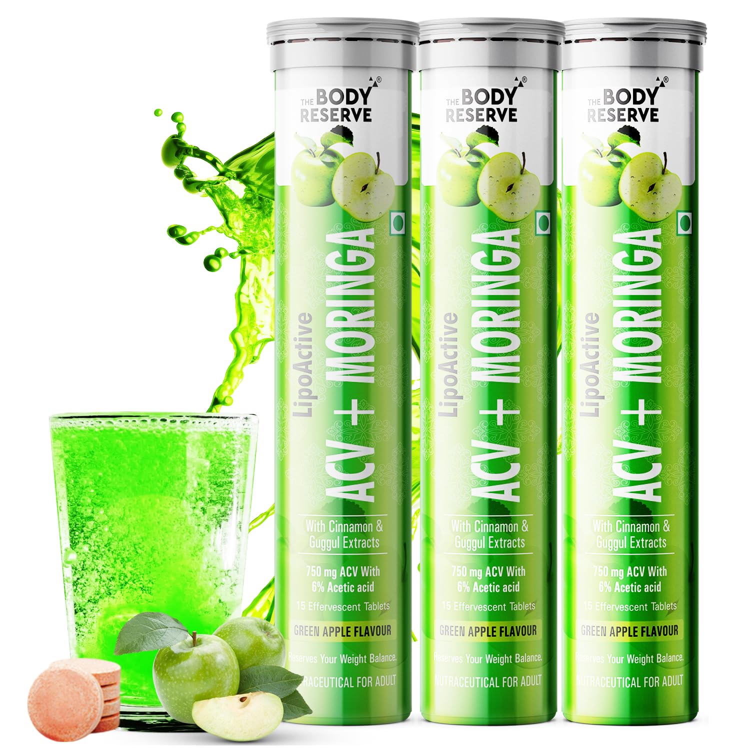 The Body Reserve ACV Moringa with Apple Cider Vinegar, cinnamon, for Control Carvings Supports Metabolism, Boosts Energy & Immunity Green Apple Flavor Pack of 3 (45 Tablets)