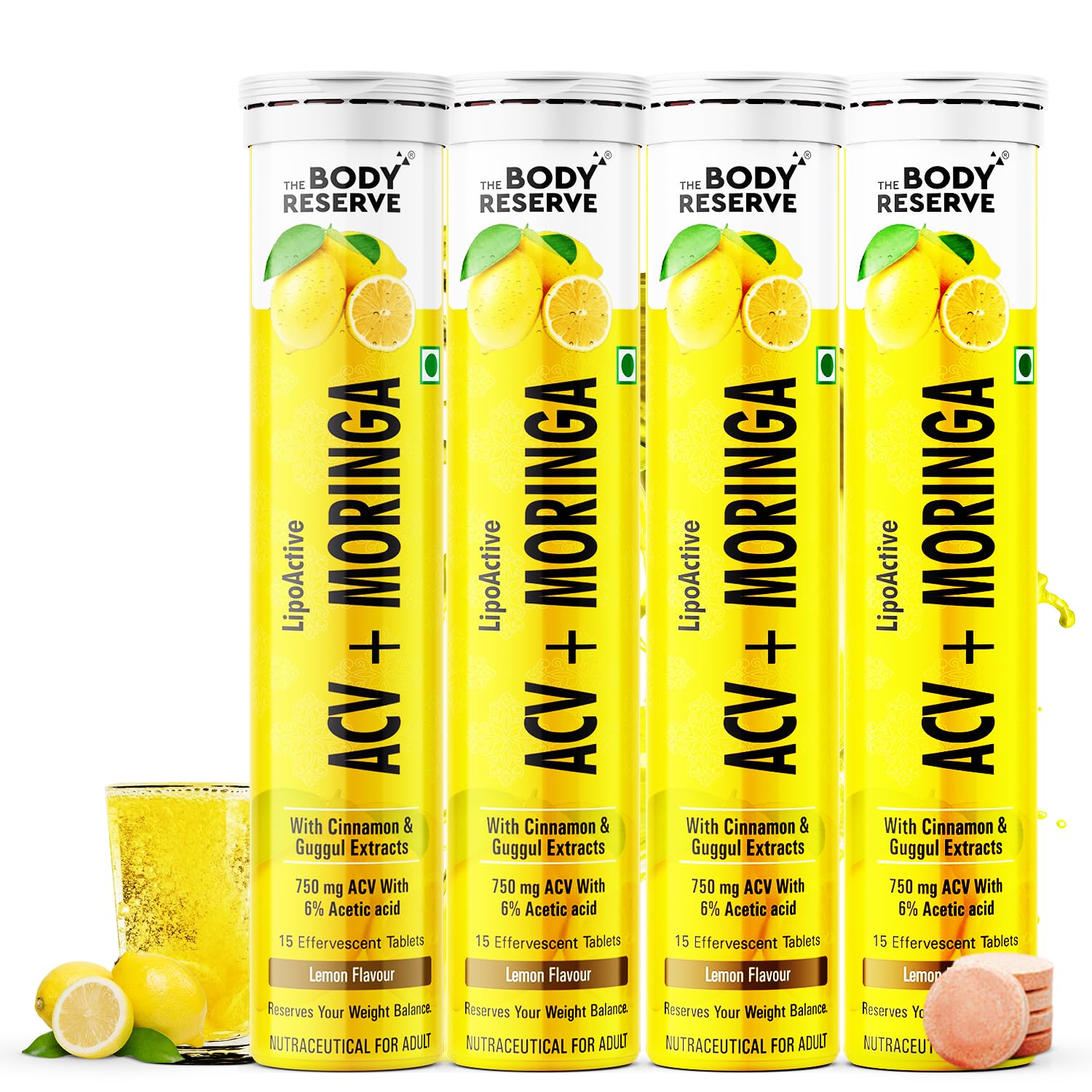 THE BODY RESERVE ACV Moringa effervescent (lemon)To Control Cravings, Apple Cider Vinegar, cinnamon Pack 4  (60 Tablets)