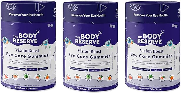 The Body Reserve Vision Boost Eye Care Gummies Enhanced with DHA, Vitamin A, C & E Promotes Vision and Protects from Blue Light & Digital Strain Strawberry Mix Flavoured 90 Gummies (Pack of 3)