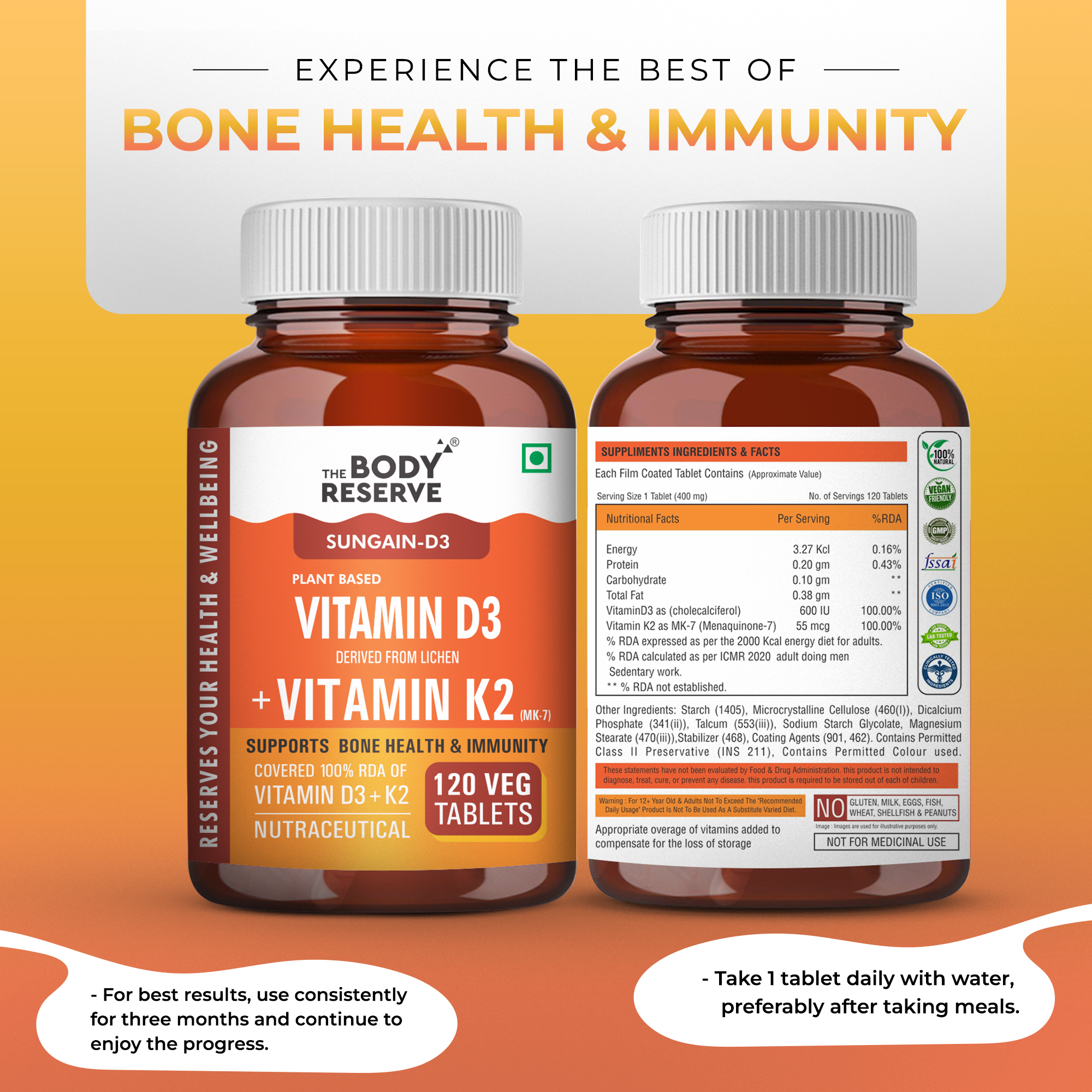 The Body Reserve Vitamin D3 K2 MK7 - 120 Veg Tablets, 100% RDA Plant-Based Vitamin D3 Supplement from Lichen Source with Vitamin K2 as MK7 Menaquinone