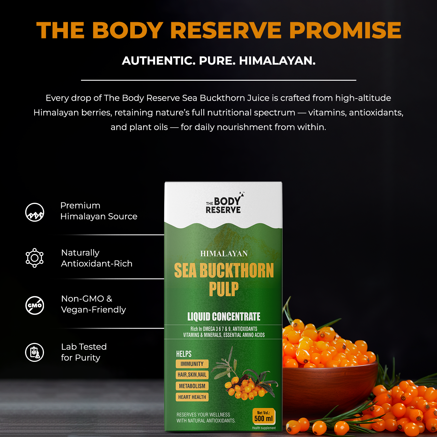 The Body Reserve Himalayan Sea Buckthorn Juice 500ml Berry Pulp Concentrate Makes 85 Glasses, Rich in Natural Vitamin C, Omega 3 6 7 9, Antioxidants for skin Glow, immunity Heart & Gut health support