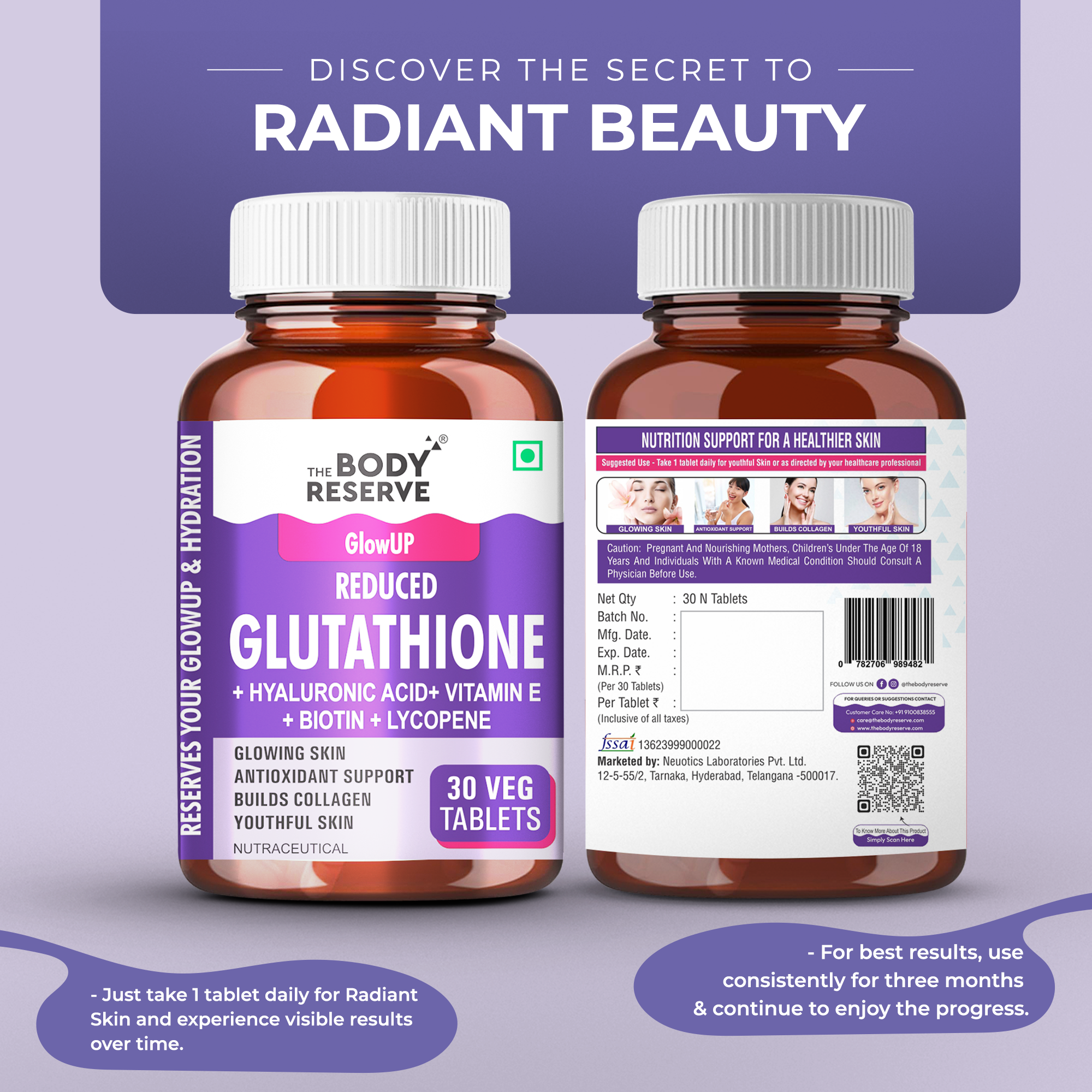 The Body Reserve Japanese L-Glutathione Tablets 500mg for Skin Glow With Hyaluronic Acid, Vitamin E, Lycopene & Biotin, Supports Collagen Production - 30 Tablets Sugar-Free Pack of 1