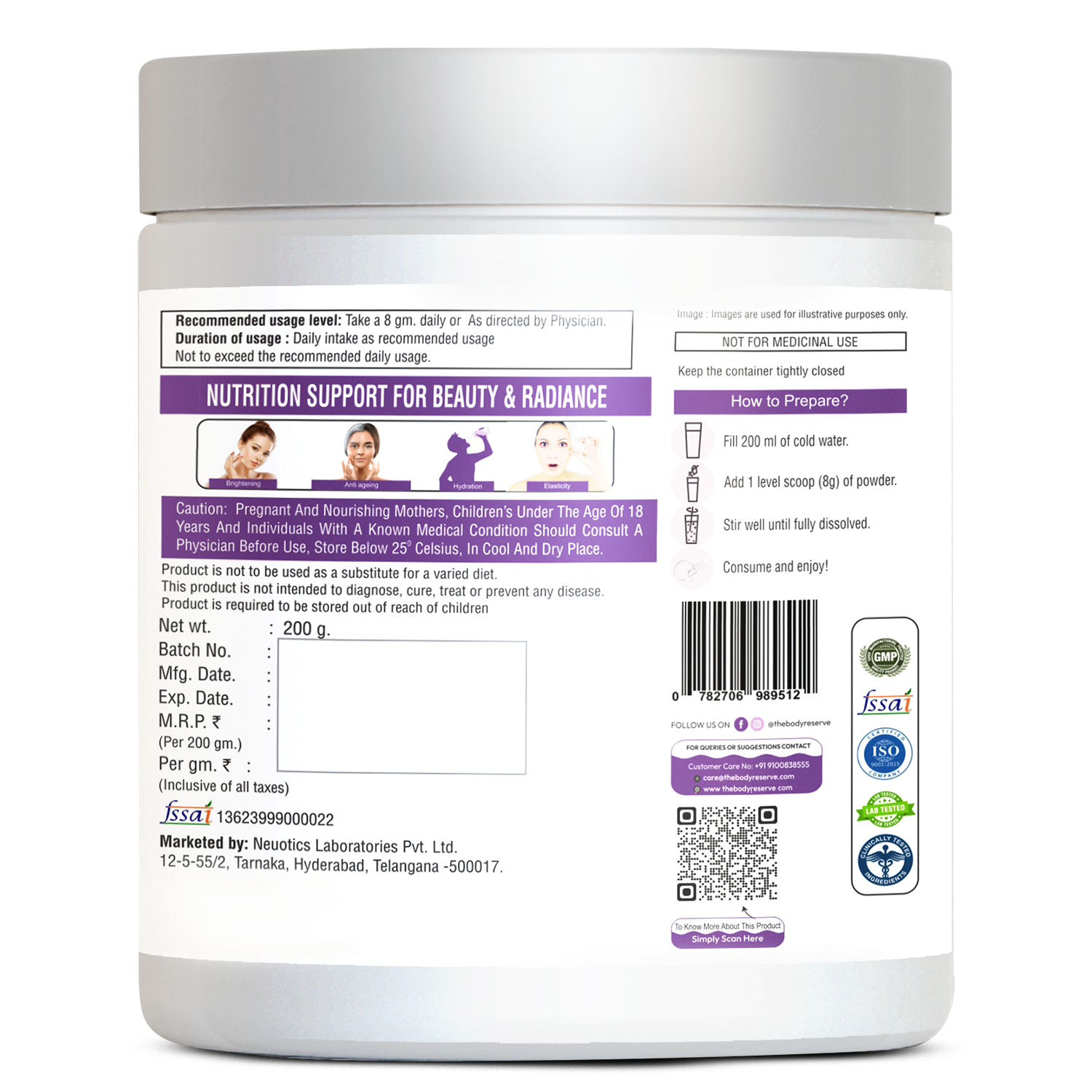 The Body Reserve Marine Collagen Supplement For Men, Women (Watermelon - 200g) With Sodium Hyaluronate, Vitamin C, E & Biotin, High Absorption Marine Collagen Peptides For Healthy Skin, Hair & Nails, 1 count, 25 Servings