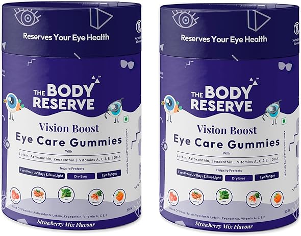 The Body Reserve Vision Boost Eye Care Gummies Enhanced with DHA, Vitamin A, C & E Promotes Vision and Protects from Blue Light & Digital Strain Strawberry Mix Flavoured 60 Gummies (Pack of 2)