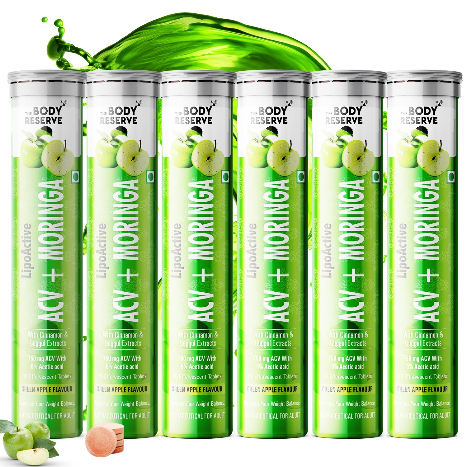 The Body Reserve ACV Moringa with Apple Cider Vinegar, cinnamon, for Control Carvings Supports Metabolism, Boosts Energy & Immunity Green Apple Flavor Pack of 6 (90 Tablets)