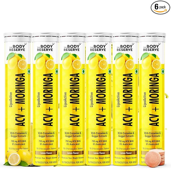 THE BODY RESERVE ACV Moringa effervescent (lemon)To Control Cravings, Apple Cider Vinegar, cinnamon Pack 6 (90 Tablets)