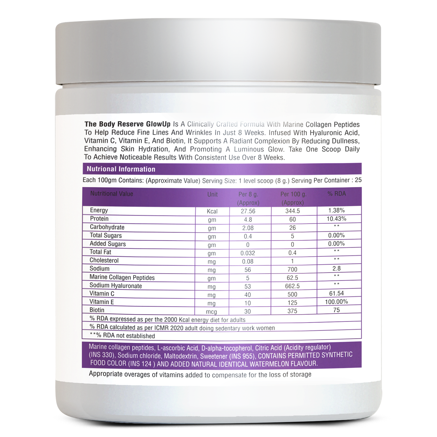 The Body Reserve Marine Collagen Supplement For Men, Women (Watermelon - 200g) With Sodium Hyaluronate, Vitamin C, E & Biotin, High Absorption Marine Collagen Peptides For Healthy Skin, Hair & Nails, 1 count, 25 Servings