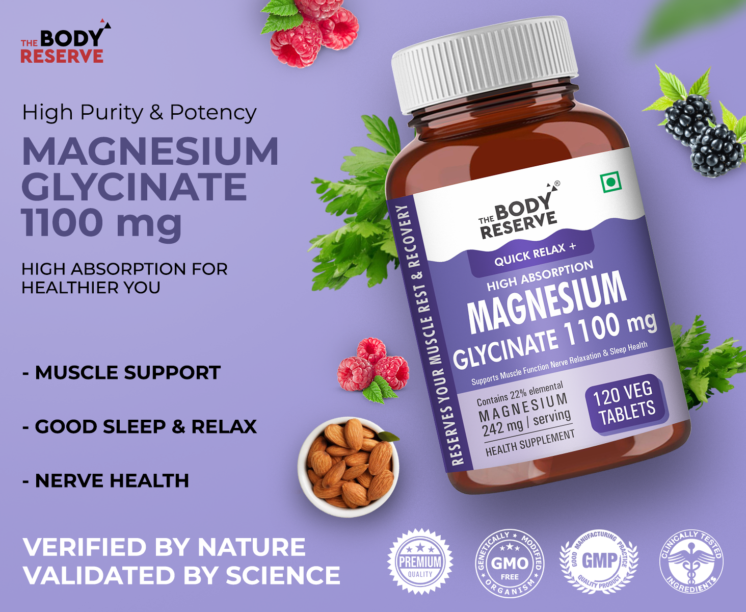 The Body Reserve Magnesium Glycinate Supplement - 120 Veg Tablets, 1100mg Per Serving, High Absorption Chelated Form - Supports Muscle & Nerve Health, Promotes Relaxation for Men & Women