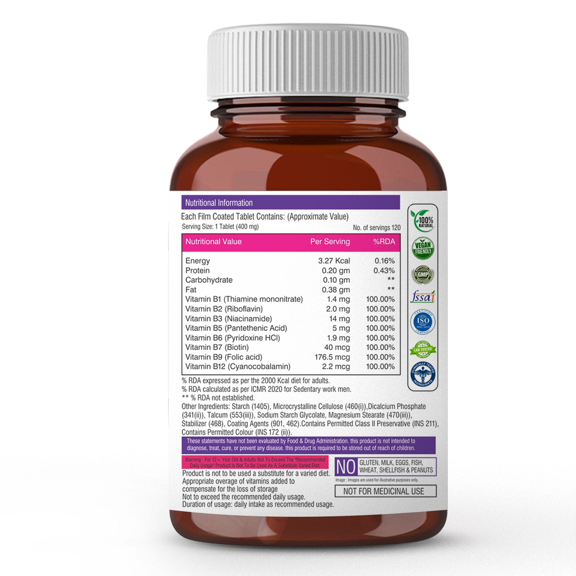 Vitamin B Complex Tablets- 120 Veg Tablets 100% RDA