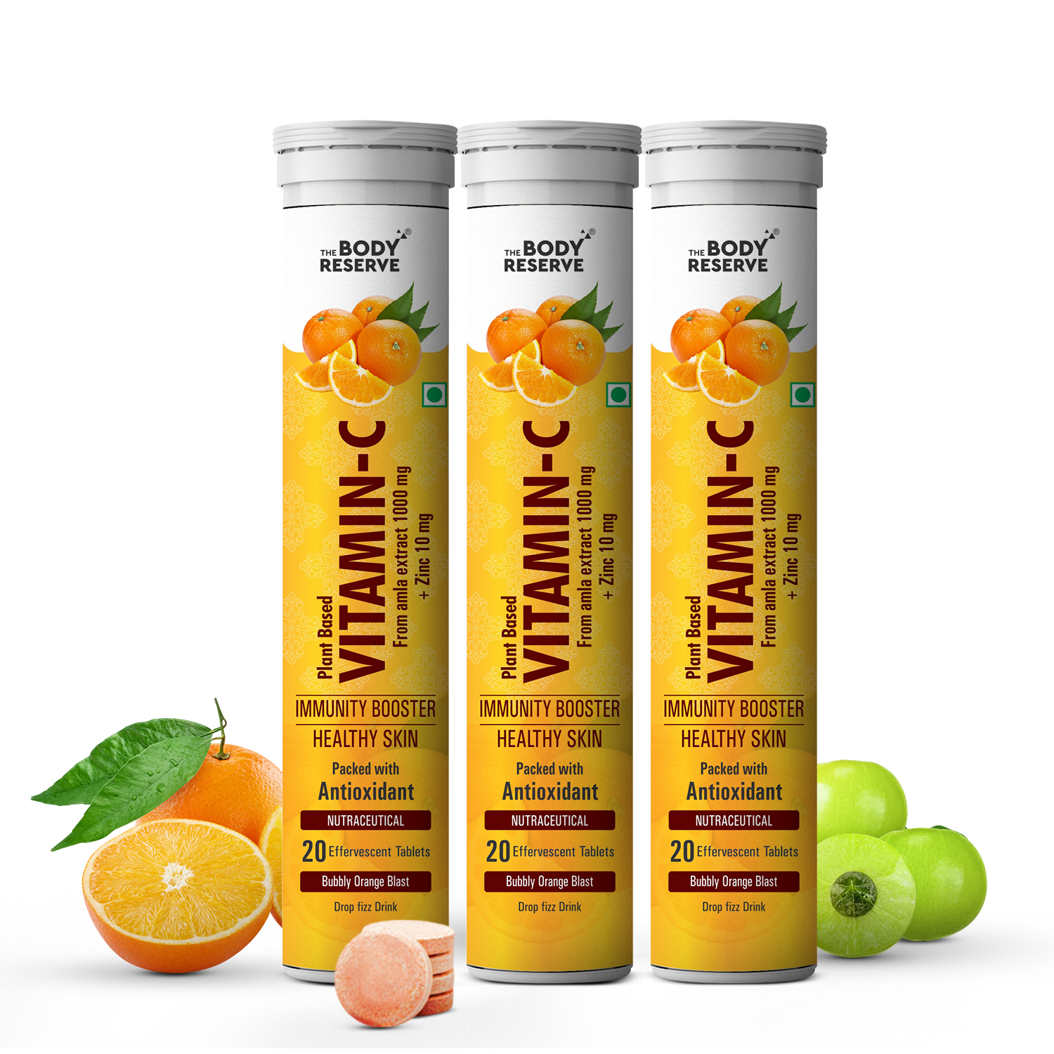The Body Reserve Natural Vitamin C, Amla Extract With Zinc For Immunity, Skin Care,      Antioxidants & Energy Boost, Orange Flavour 20 Effervescent Tablets (Pack Of 3)