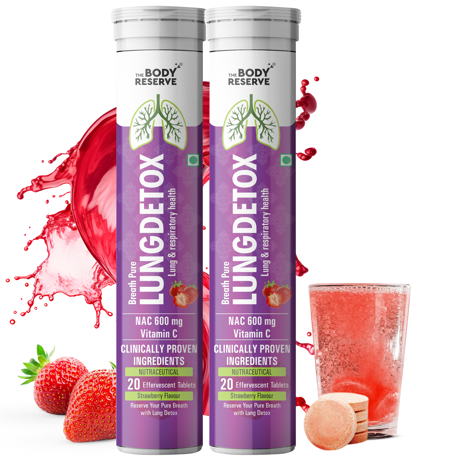 The Body Reserve Lung Detox 20 Effervescent Tablets With N-Acetylcysteine 600mg + Vitamin C – Cleaner Lungs Detoxification & Immune Defence Strawberry Flavour