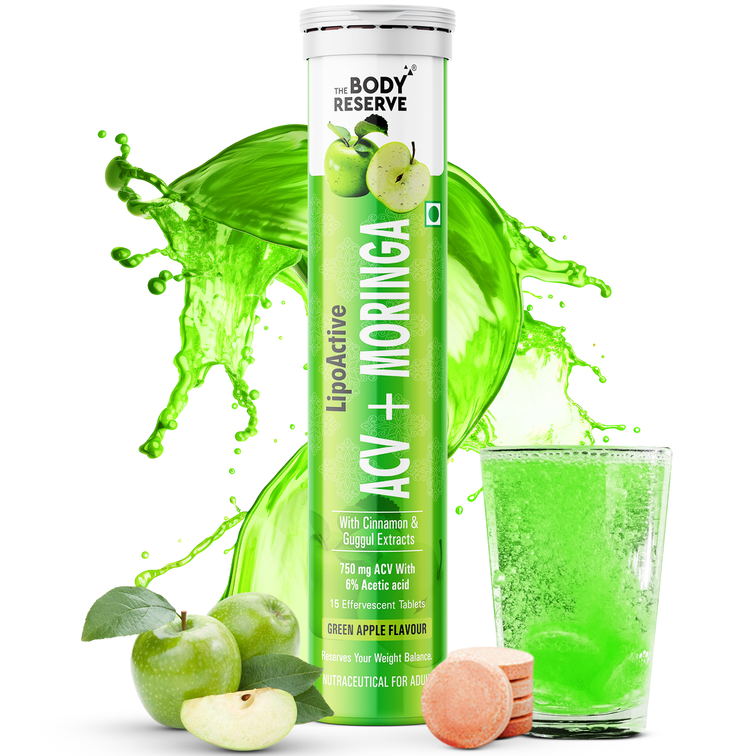 The Body Reserve ACV Moringa with Apple Cider Vinegar, cinnamon, for Control Carvings Supports Metabolism, Boosts Energy & Immunity Green Apple Flavor Pack of 3 (45 Tablets)