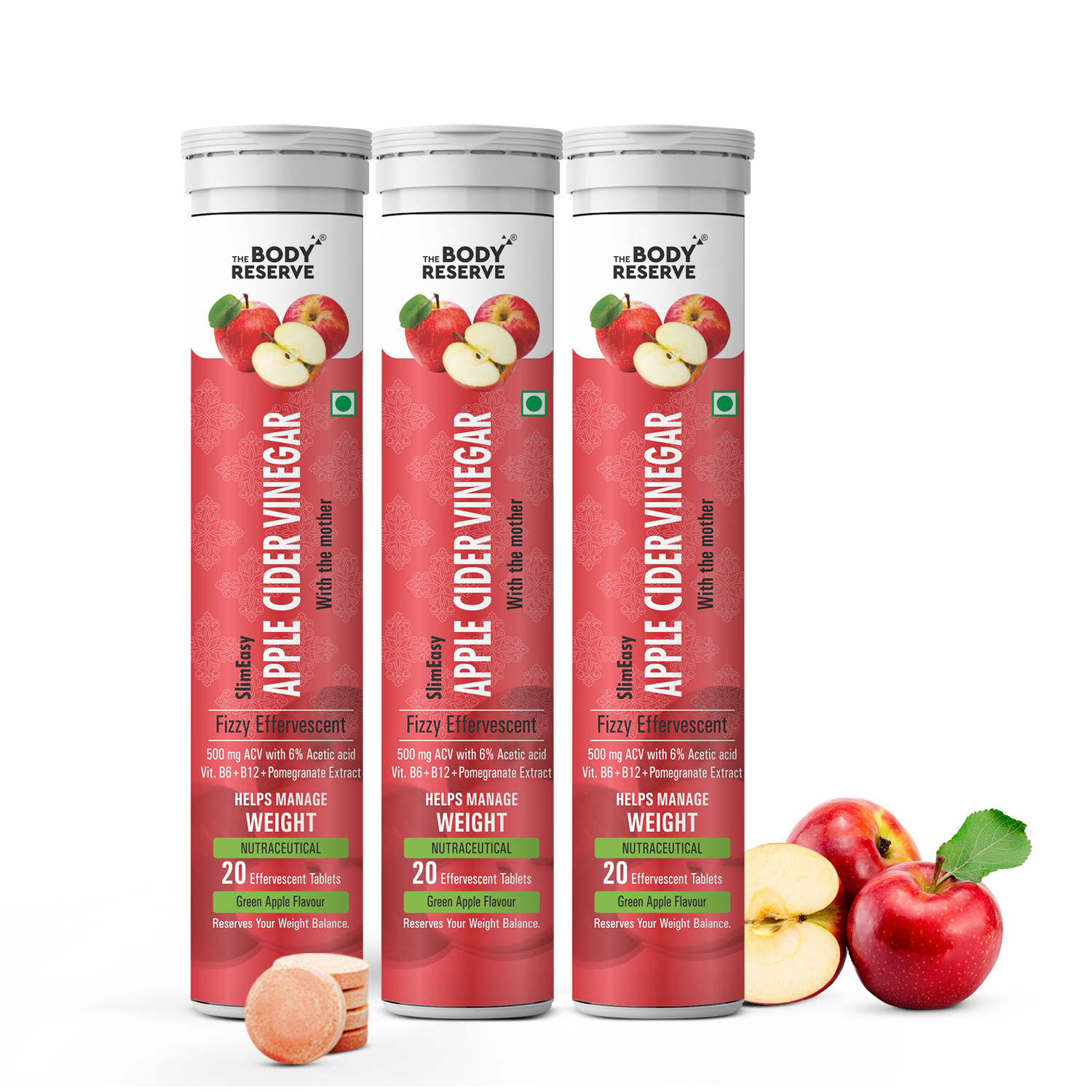 The Body Reserve Apple Cider Vinegar | 40 Effervescent Tablets, Pack Of 6 (Apple Flavour)