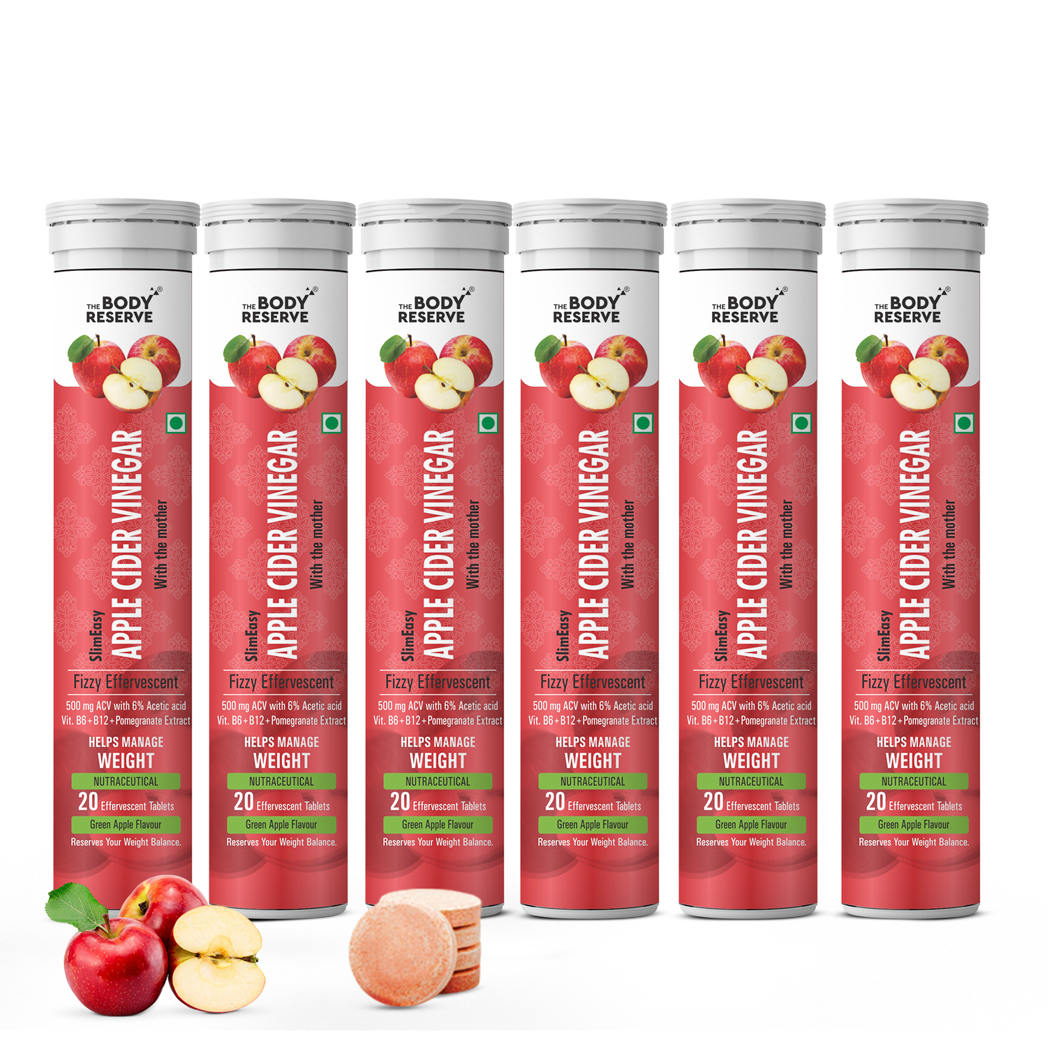 The Body Reserve Apple Cider Vinegar | 40 Effervescent Tablets, Pack Of 6 (Apple Flavour)